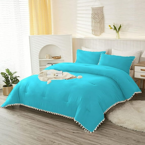 DNG Luxury 5 Piece Pom Pom Plain Pattern Comforter Set, 800 Thread Count, 100% Egyptian Cotton, White Vintage Pom-Pom Fringe Super Soft (Twin/Twin XL Size Turquoise Blue Color)
