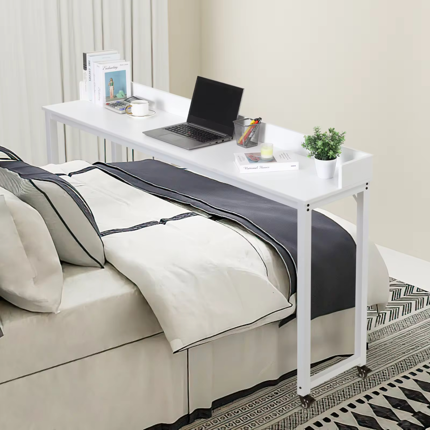 DNGZJAO AOOU Overbed Table with Wheels Queen/Full Size Over Bed Table