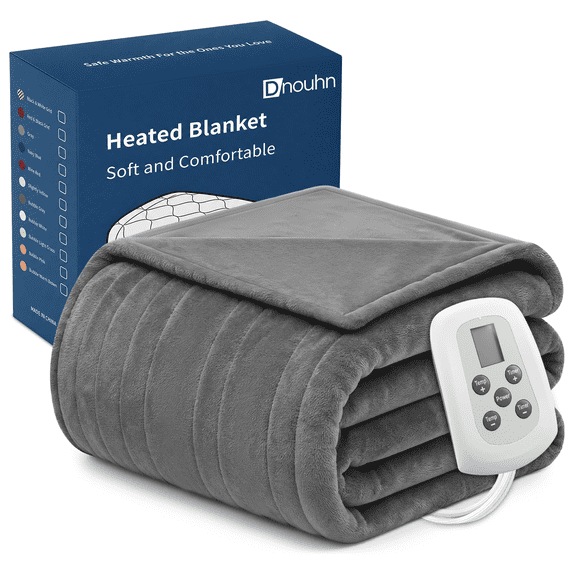 DNOUHN Heated Blanket Electric Blanket 62" x 84" Twin Size with 10 Heating Levels and 12 Hours Time Settings, Flannel Fast-Heating Throw Blanket, ETL Listed, Machine Washable, Dark Grey