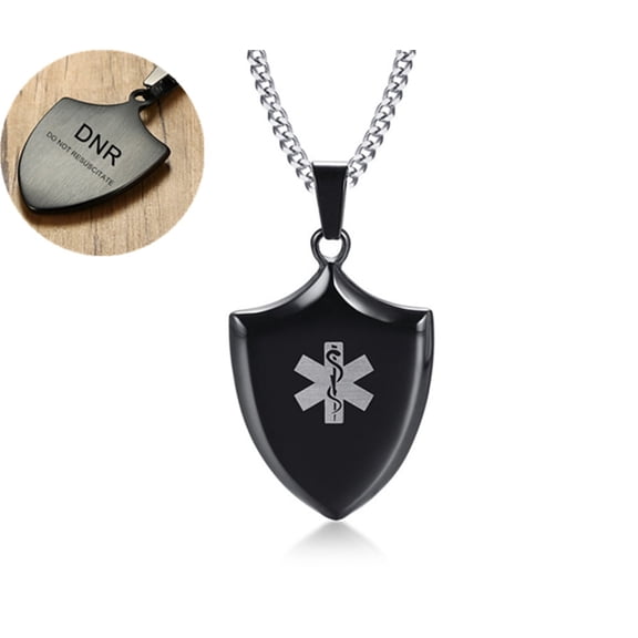 DNR Stainless Steel ICE SOS Personalized Medical Alert ID Shield Tag Pendant Necklace Monitoring Emergency for Friend Grandpa Dad Husband Son,Do Not Resuscitate