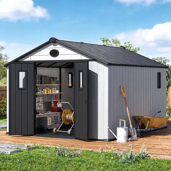 DNYKER 10 x 12 FT Resin Outdoor Storage Shed, All-Weather Plastic Garden Shed with Floor, Lockable Doors & Windows, Plastic Tool Shed for Poolside, Backyard, Patio