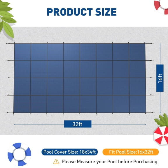 DNYKER Inground Pool Safety Cover 16 x 32ft Rectangle Swimming Pool,Mesh Solid Pool Cover for Inground, Winter Pool Safety Cover with Triple Stitched for High DNYKER Strength, Blue