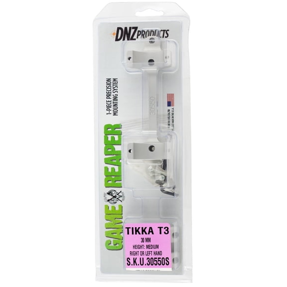 DNZ 30550S 1-Pc Base & Ring Combo For Tikka T3 Silver Finish 30mm Rings Medium