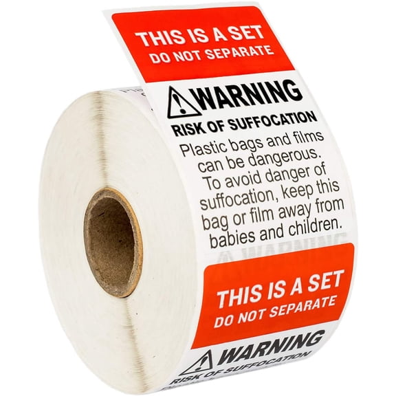 DO NOT Separate - This is A Set with Suffocation Warning Labels/Stickers (2" x 3"), FBA-Approved, 500 Labels per roll, 15 Rolls