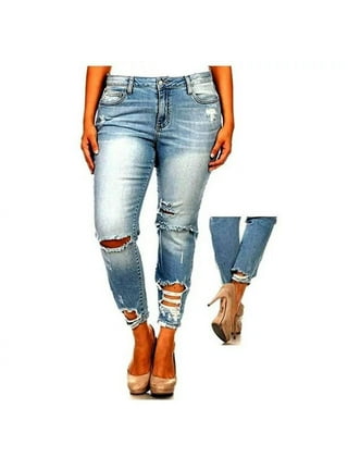 WX Womens Plus Size Distressed Knee Hole Ripped Stretch Jeans Skinny Twill  Pants (14-Plus, Burgundy)