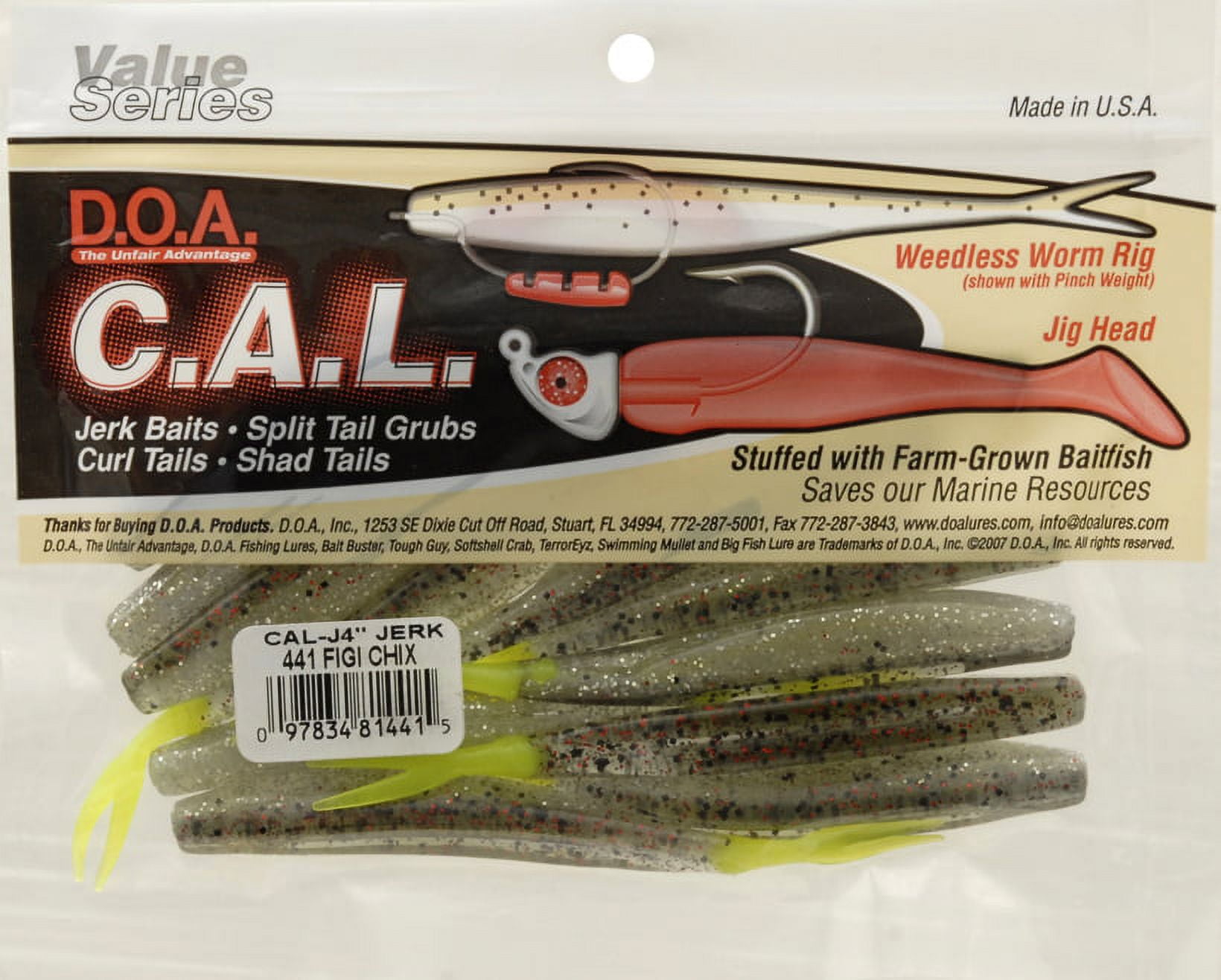 D.O.A. C.A.L. Jerk Bait Soft Plastic Bait, 4, Root beer Chartreuse Tail,  12 Count 