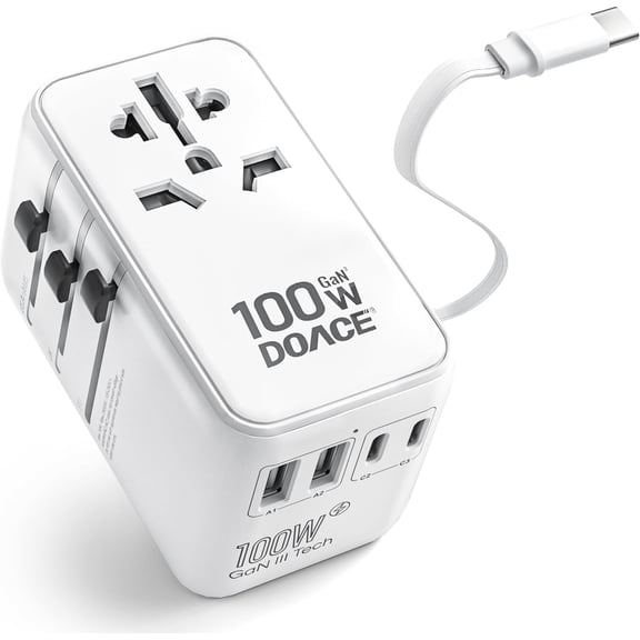 DOACE Universal Travel Adapter, 100W GaN 3.0 International Power Adapter with Built-in USB-C Cable, 6 in 1 Travel Adapter with 5 USB Ports, Plug Adapter Worldwide for EU/UK/USA/AUS(White)