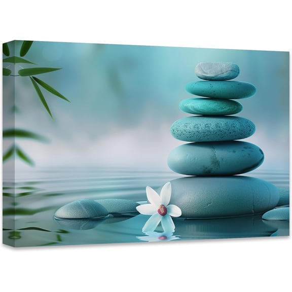 DOARTDO Zen Canvas Wall Art Teal Wall Decor Spa Water Pictures Zen Stone Bathroom Decor White Flowers Prints for Meditation Yoga Spa Artwork Framed (12.00" x 18.00")