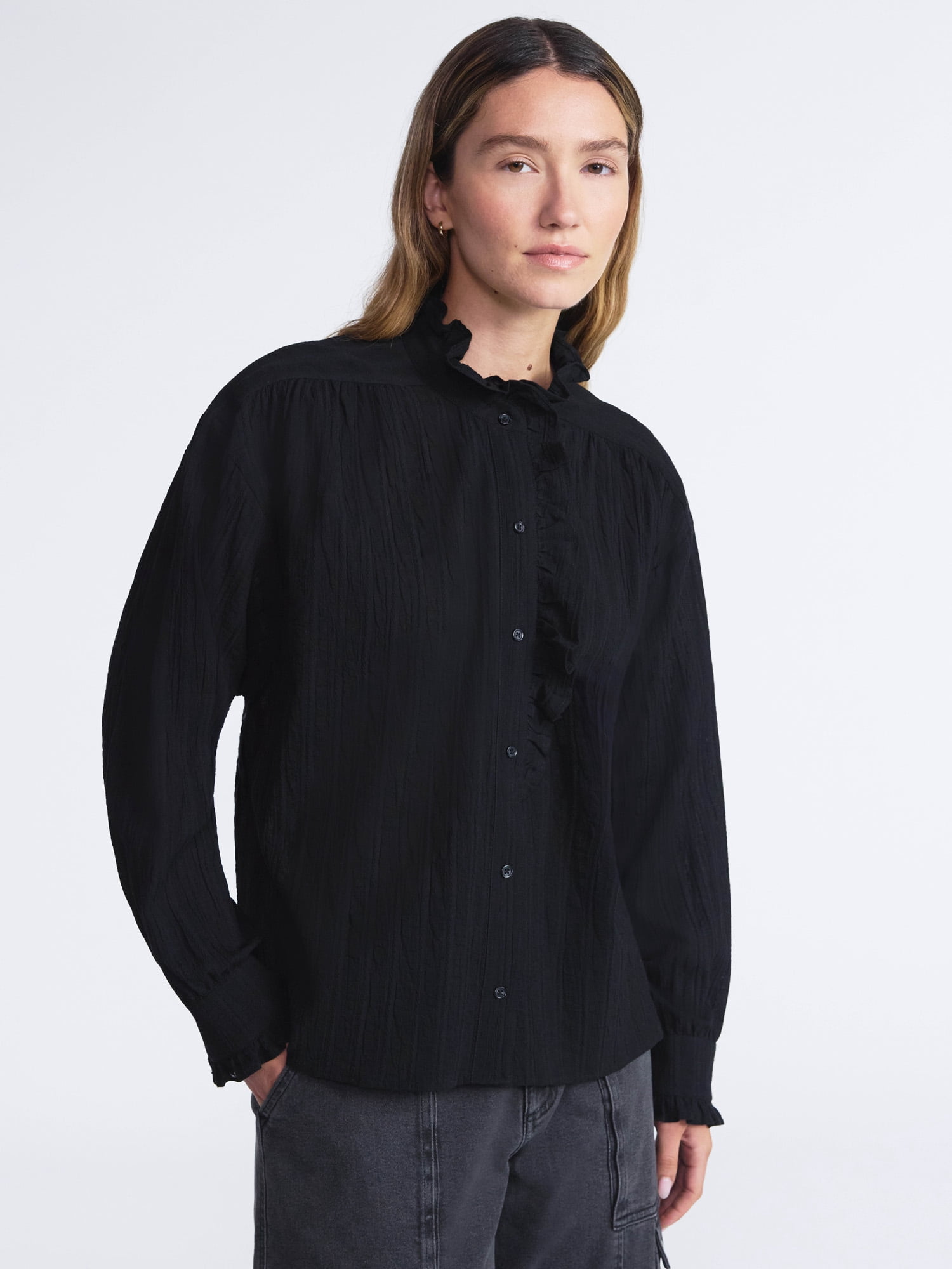 Scoop Women’s Cotton Dobby Ruffle Blouse, Sizes XS-XXL