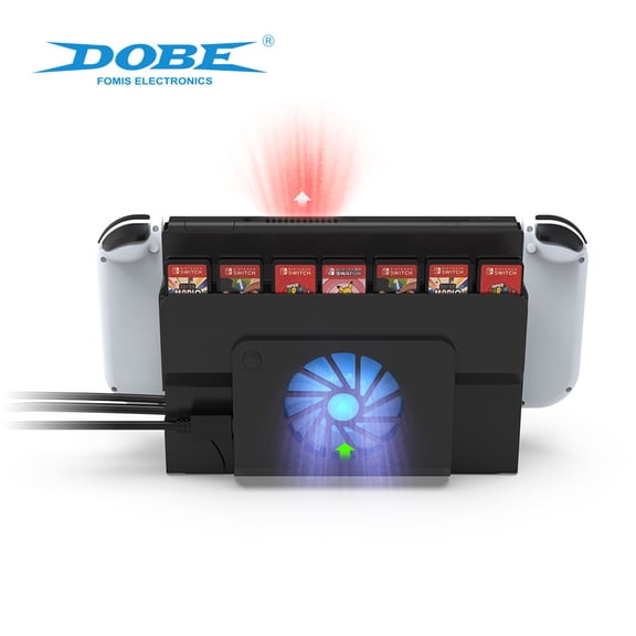 DOBE 2-in-1 Cooling Fan & Game Card Storage for Nintendo Switch OLED - Quiet High-Speed Cooler with Blue LED Light, 6-Slot Game Card Organizer, Anti-Overheating Design for Switch OLED Console