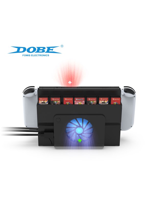 2-in-1 Cooling Fan & Game Card Storage for Nintendo Switch OLED - Quiet High-Speed Cooler with Blue LED Light, 6-Slot Game Card Organizer, Anti-Overheating Design for Switch OLED Console