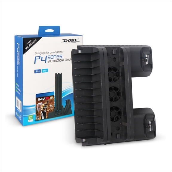 DOBE PS4 4-in-1 Cooling Stand - All-in-One Base for PS4/PS4 Slim/PS4 Pro with Turbo Fan, Disc Storage, Dual Controller Charger & Anti-Slip Design