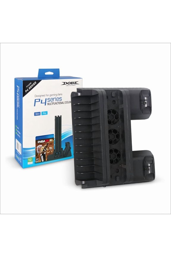 PS4 4-in-1 Cooling Stand - All-in-One Base for PS4/PS4 Slim/PS4 Pro with Turbo Fan, Disc Storage, Dual Controller Charger & Anti-Slip Design