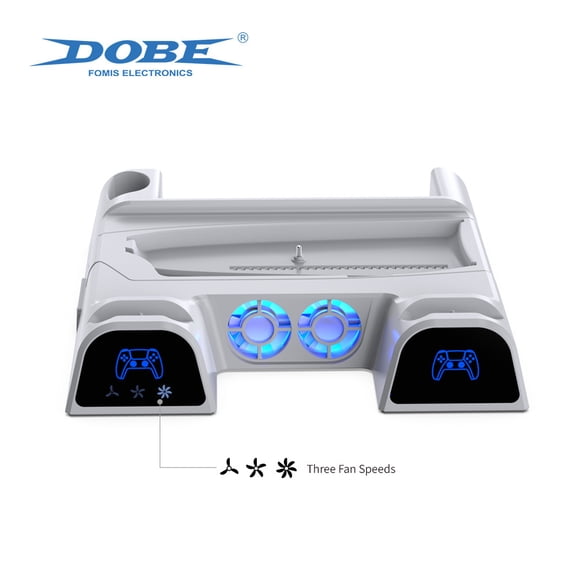 DOBE PS5 All-in-One Vertical Cooling Dock for PS5/Slim/Pro Disc & Digital, Dual Controller Charger with Sync RGB Light and LED Indicator