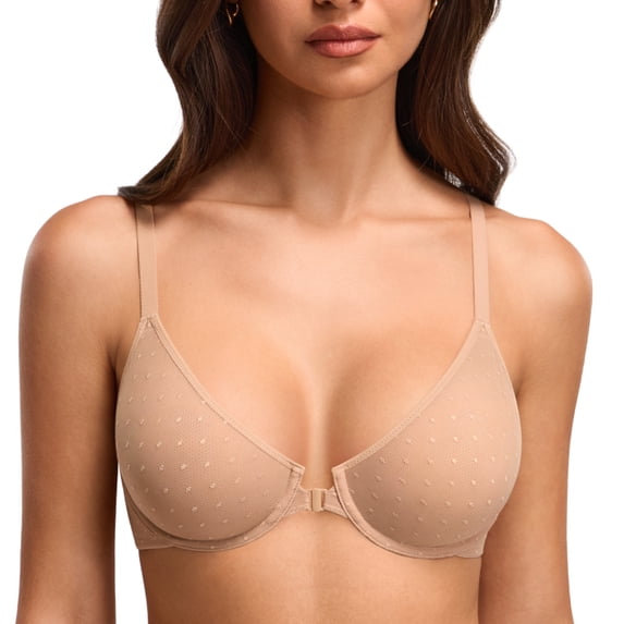 Delimira Women's Front Closure Bra Sheer Mesh Underwire, Plunge, Unlined, Plus Size, Comfort
