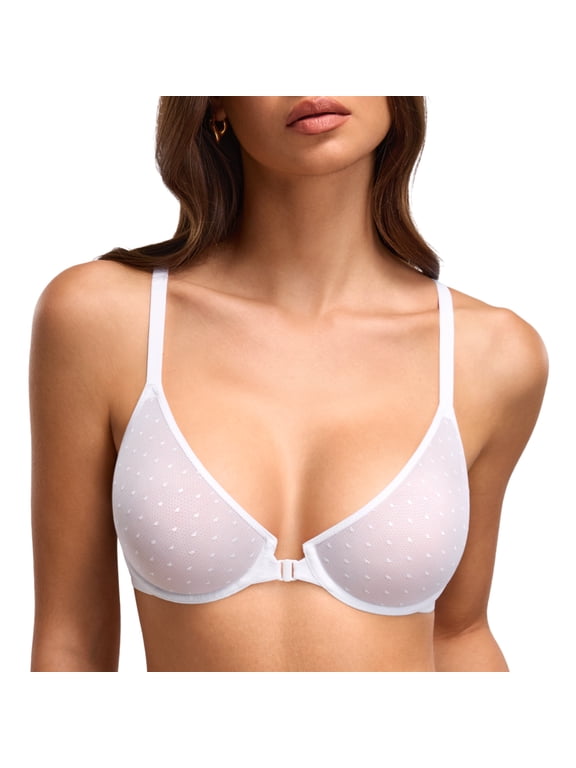 Women's Front Closure Bra Sheer Mesh Underwire, Plunge, Unlined, Plus Size, Comfort