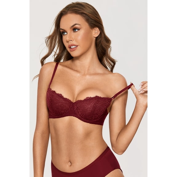 DOBREVA Women's Sexy Lace Push Up Plus Size Bra Sheer Balconette Underwire Unlined
