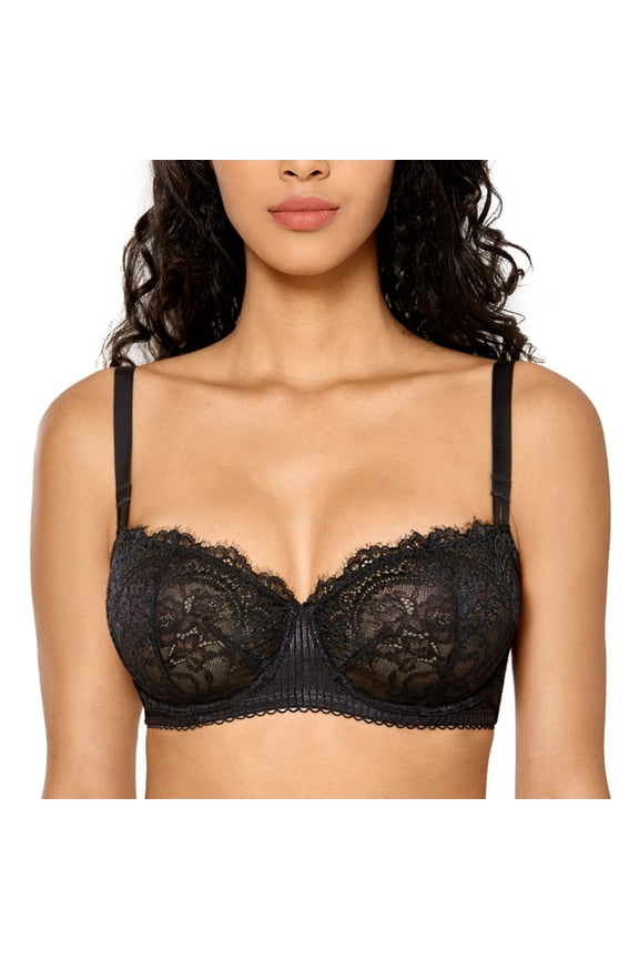 Women's Sexy Lace Push Up Plus Size Bra Sheer Balconette Underwire Unlined