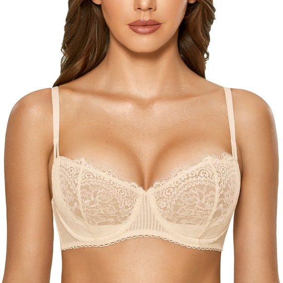 Women's Sexy Lace Push Up Plus Size Bra Sheer Balconette Underwire Unlined