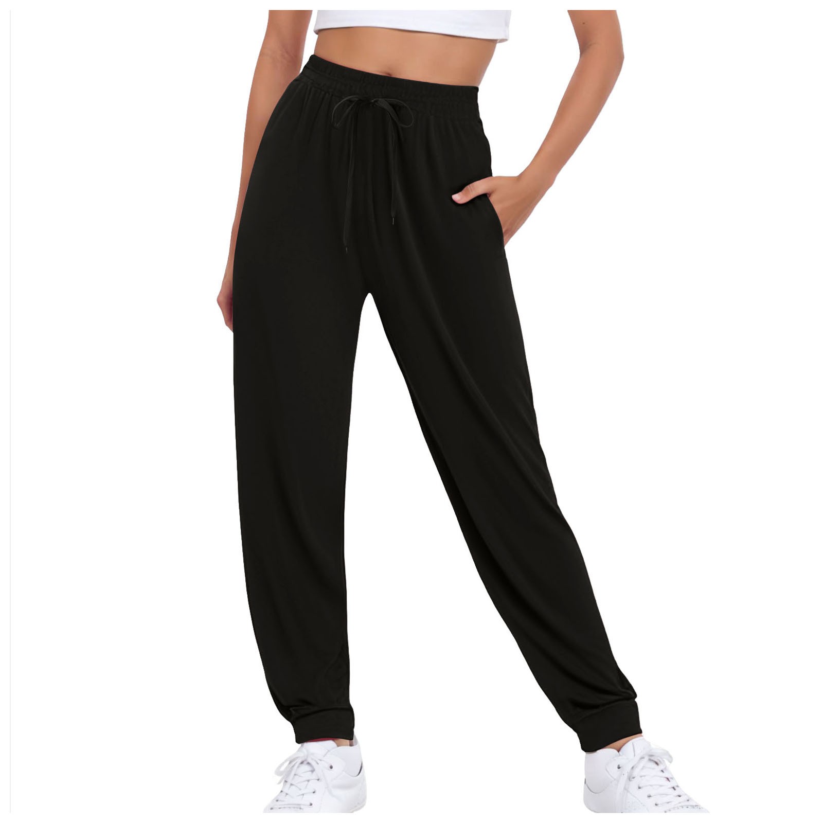 DOCLAKE Women s Pants Solid Color Lace Up High Elastic Waist Ankle Banded Sweatpants with Pockets Athletic Workout Pants Black M Walmart