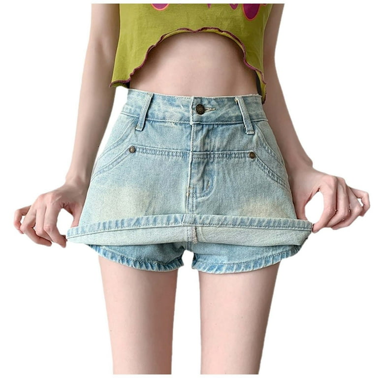 DOCLAKE Women s Retro Denim Skirts High Waist Solid Color Short Skirt with Pockets Basic Going Out Mini Skirt with Shorts Blue XL Walmart