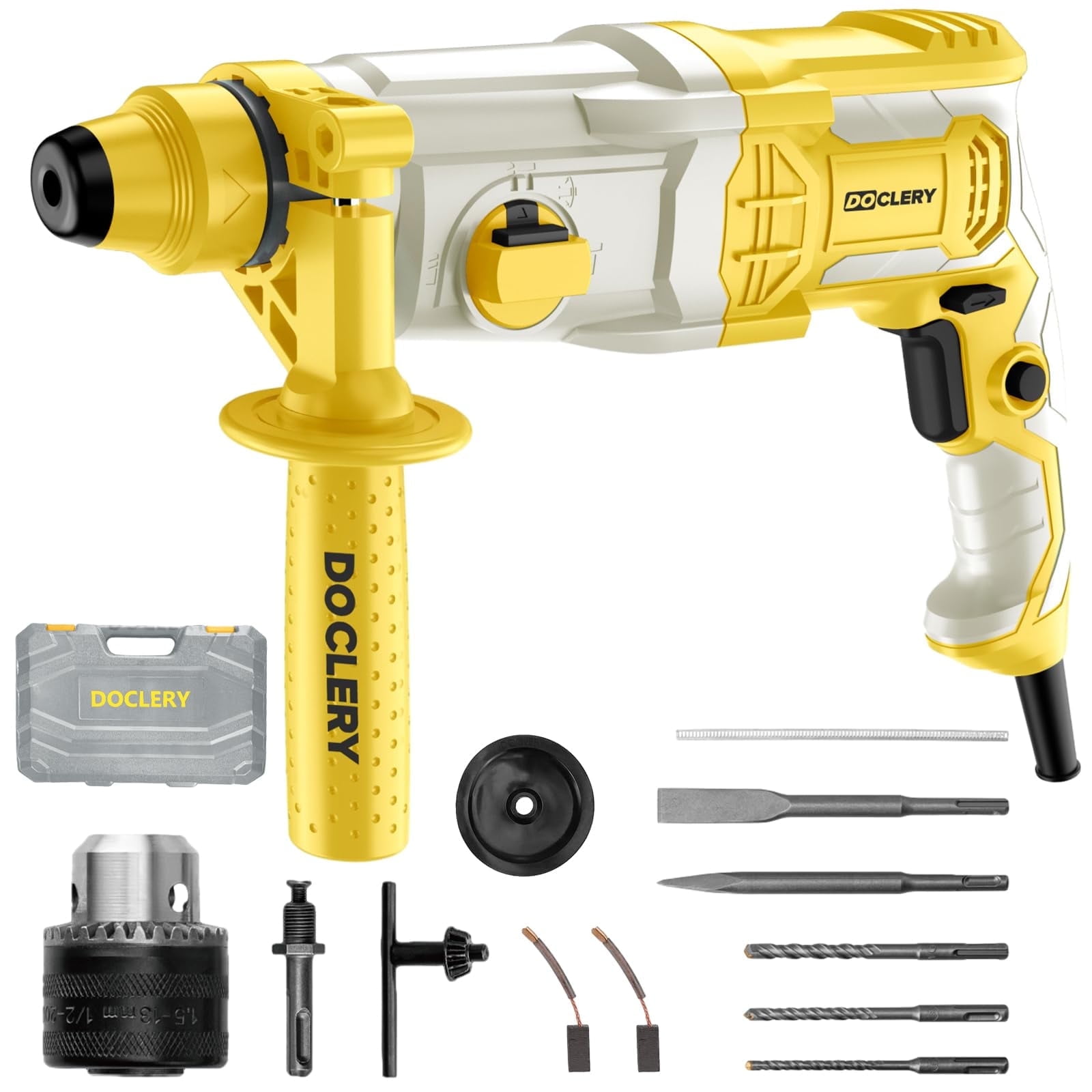 DOCLERY 1-1/4 Inch SDS-Plus Rotary Hammer Drill,7.5AMP,One Knob 4 Functions with Speed Adjustment, 5 SDS-Plus Bits