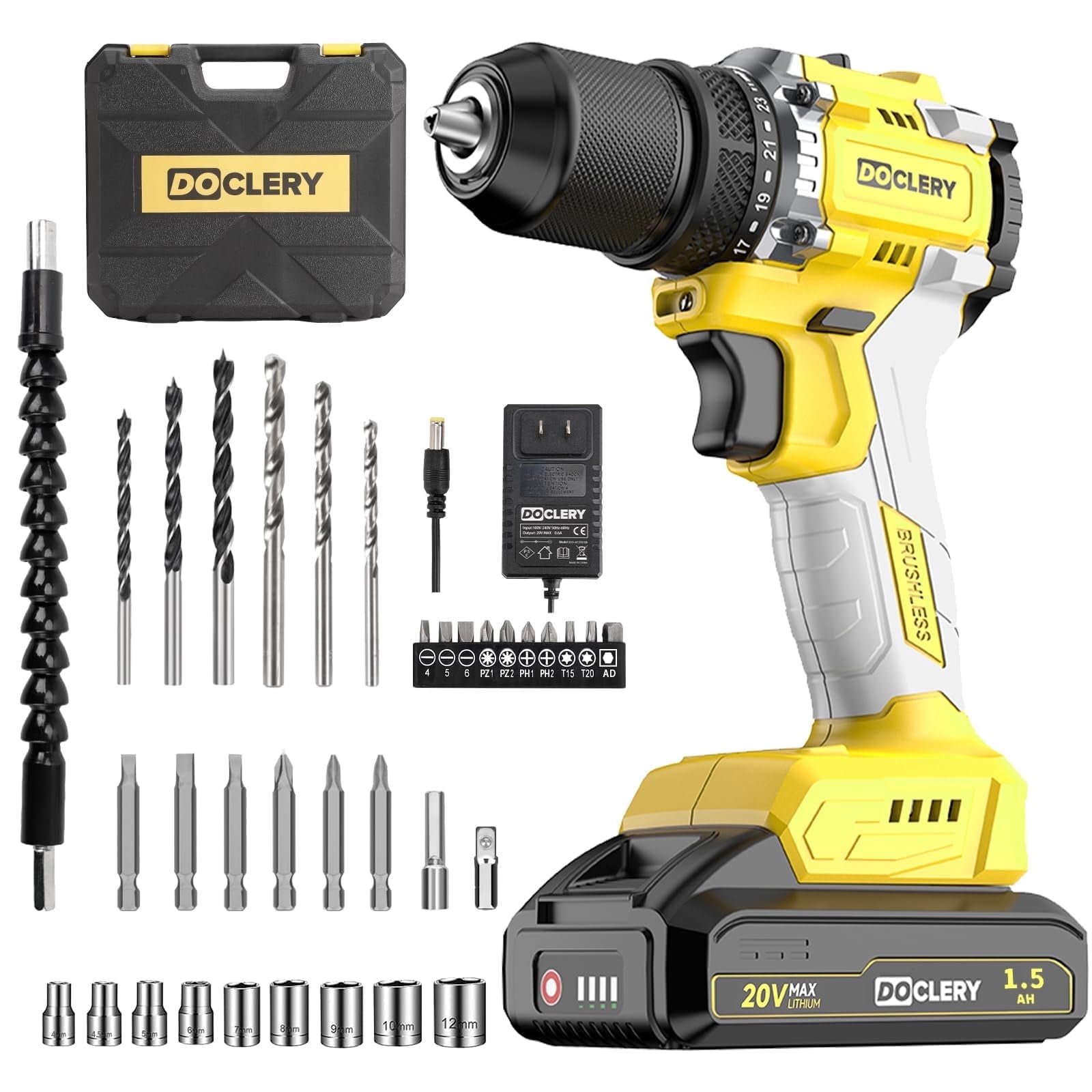 DOCLERY 20V Brushless Cordless Drill, Electric Power Drill Set with 1 Battery & Charger, 2 Variable Speed, 442.48 In-lb Torque, 21+1 Position and 34pcs Drill/Driver Bits