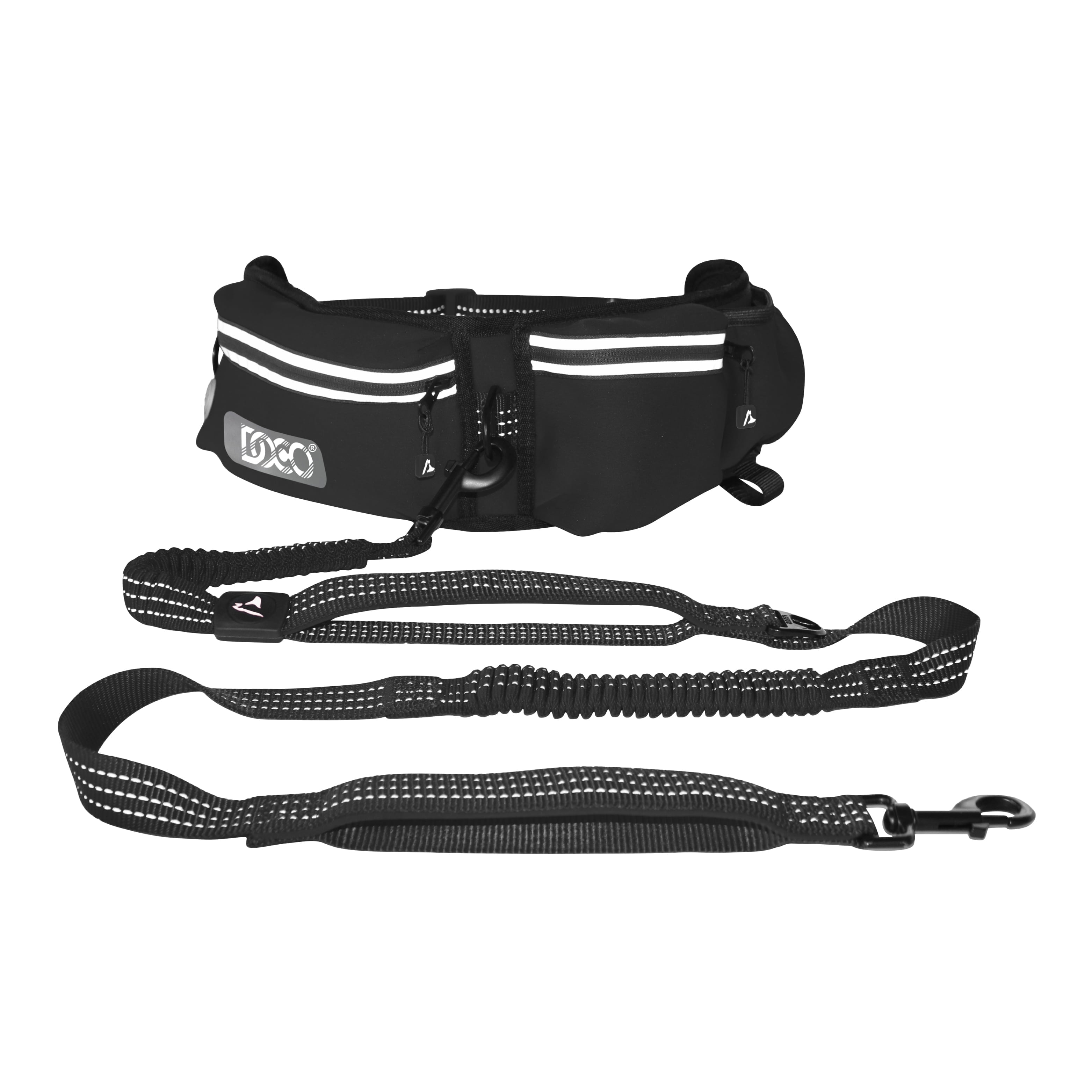 DOCO Hands Free Dog Leash (Waist 26”- 48”, Leash- 1”x 5ft) Waist Belt for Walking, Running, Training & Hiking, Bungee with Dual Handles, Adjustable Fit, Reflective Safety Design for Large Dogs (Black