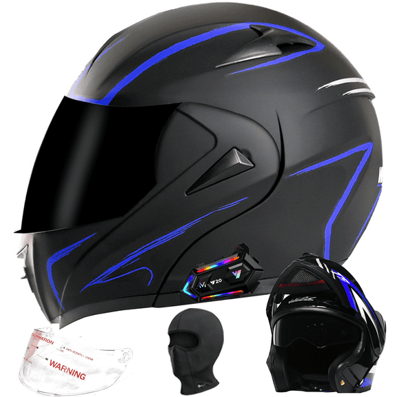DOCRELD DOT Bluetooth Modular Motorcycle Helmet,Black/Transparent lens Motorcycle Helmet,Dual Visor Full Face Flip up Integrated Motorcycle Helmets,Built-in Dual Speaker Microphone,Adults Men Women