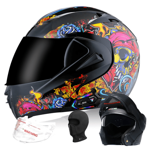 DOCRELD DOT Bluetooth Modular Motorcycle Helmet,Black/Transparent lens Motorcycle Helmet,Dual Visor Full Face Flip up Integrated Motorcycle Helmets,Built-in Dual Speaker Microphone,Adults Men Women