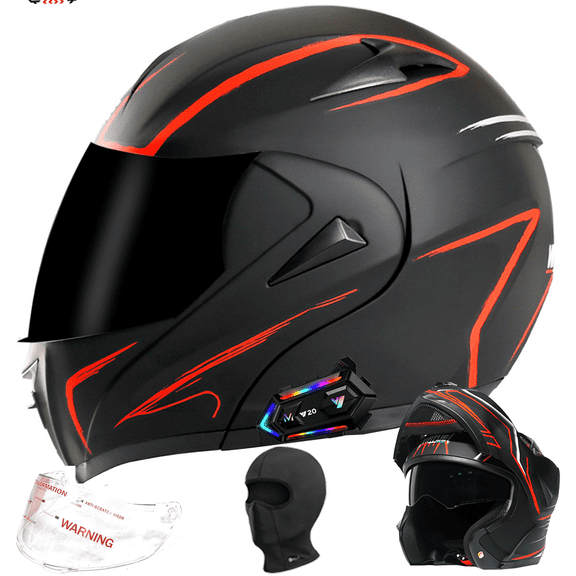 DOCRELD DOT Bluetooth Modular Motorcycle Helmet,Black/Transparent lens Motorcycle Helmet,Dual Visor Full Face Flip up Integrated Motorcycle Helmets,Built-in Dual Speaker Microphone,Adults Men Women