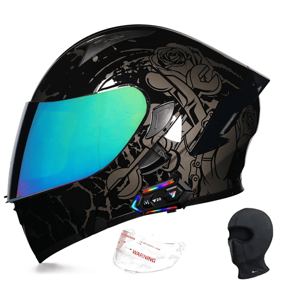 DOCRELD DOT Bluetooth Modular Motorcycle Helmet, Motorcycle Helmet,Dual Visor Full Face Flip up Integrated Motorcycle Helmets,Built-in Dual Speaker Microphone,Adults Men Women,Black & Gold,M