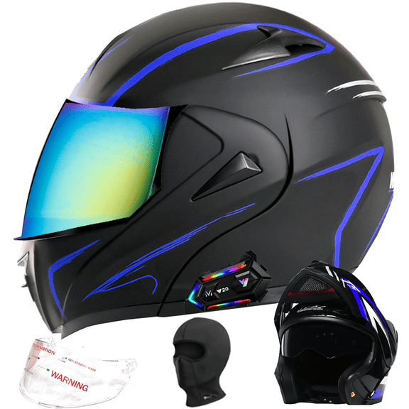 DOCRELD DOT Bluetooth Modular Motorcycle Helmet,Rainbow/Transparent lens Motorcycle Helmet,Dual Visor Full Face Flip up Integrated Motorcycle Helmets,Built-in Dual Speaker Microphone,Adults Men Women