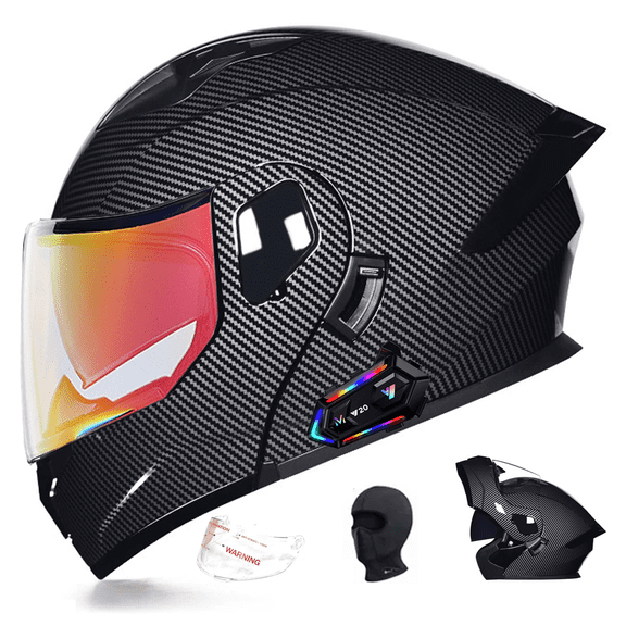 DOCRELD DOT Bluetooth Modular Motorcycle Helmet,Rainbow/Transparent lens Motorcycle Helmet,Dual Visor Full Face Flip up Integrated Motorcycle Helmets,Built-in Dual Speaker Microphone,Adults Men Women