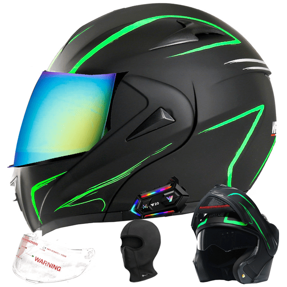 DOCRELD DOT Bluetooth Modular Motorcycle Helmet,Rainbow/Transparent lens Motorcycle Helmet,Dual Visor Full Face Flip up Integrated Motorcycle Helmets,Built-in Dual Speaker Microphone,Adults Men Women