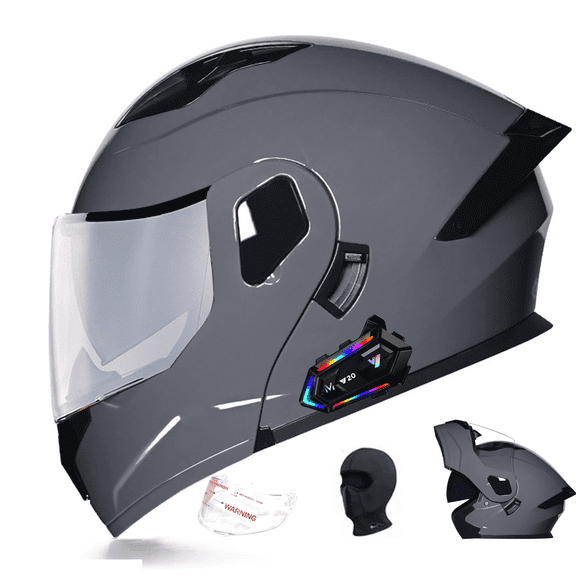 DOCRELD DOT Bluetooth Modular Motorcycle Helmet,Silver/Transparent lens Motorcycle Helmet,Dual Visor Full Face Flip up Integrated Motorcycle Helmets,Built-in Dual Speaker Microphone,Adults Men Women