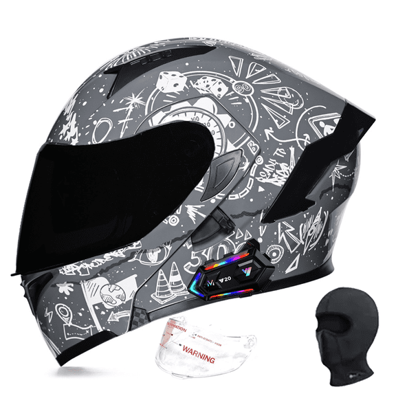 DOCRELD DOT Bluetooth Modular Motorcycle Helmet, Motorcycle Helmet,Dual Visor Full Face Flip up Integrated Motorcycle Helmets,Built-in Dual Speaker Microphone,Adults Men Women,Grey,L