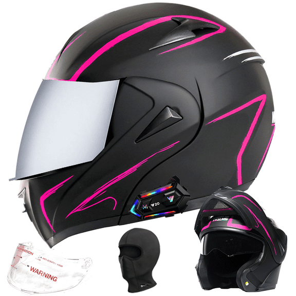 DOCRELD DOT Bluetooth Modular Motorcycle Helmet,silver/Transparent lens Motorcycle Helmet,Dual Visor Full Face Flip up Integrated Motorcycle Helmets,Built-in Dual Speaker Microphone,Adults Men Women