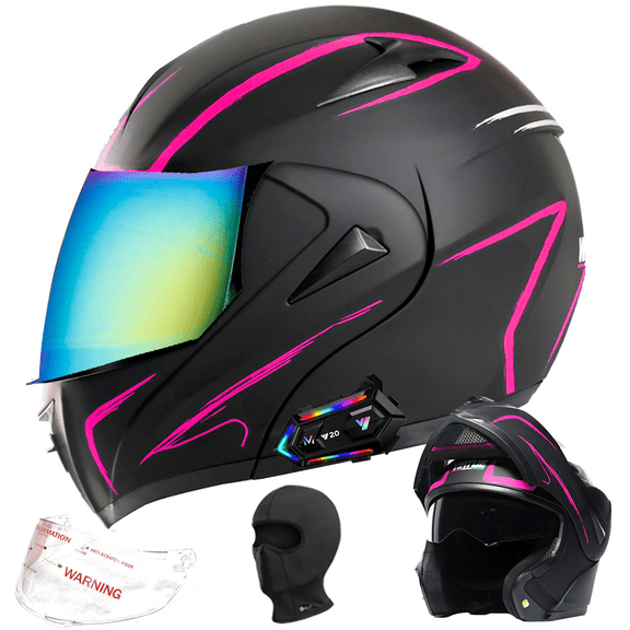 DOCRELD DOT Bluetooth Modular Motorcycle Helmet,Rainbow/Transparent lens Motorcycle Helmet,Dual Visor Full Face Flip up Integrated Motorcycle Helmets,Built-in Dual Speaker Microphone,Adults Men Women
