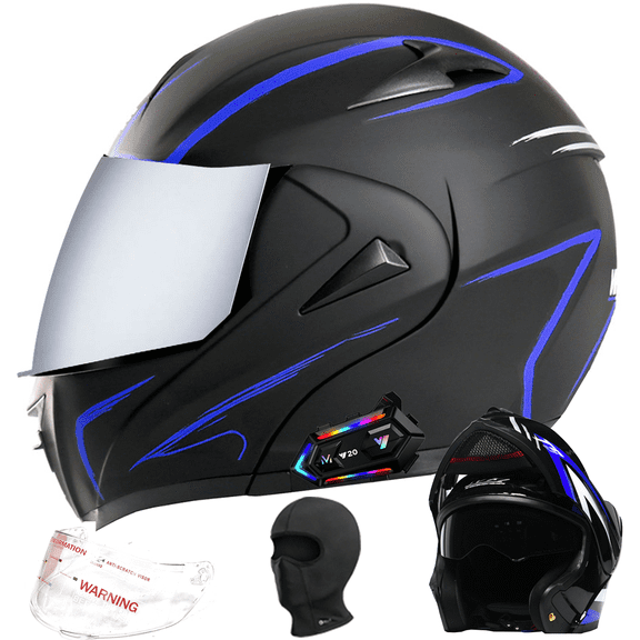 DOCRELD DOT Bluetooth Modular Motorcycle Helmet,silver/Transparent lens Motorcycle Helmet,Dual Visor Full Face Flip up Integrated Motorcycle Helmets,Built-in Dual Speaker Microphone,Adults Men Women