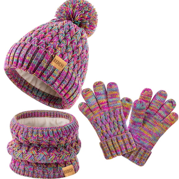 REDESS Unisex Kids Winter Beanie Hat, Gloves and Scarf Set, Acrylic, Multicolor, 3-9 Years