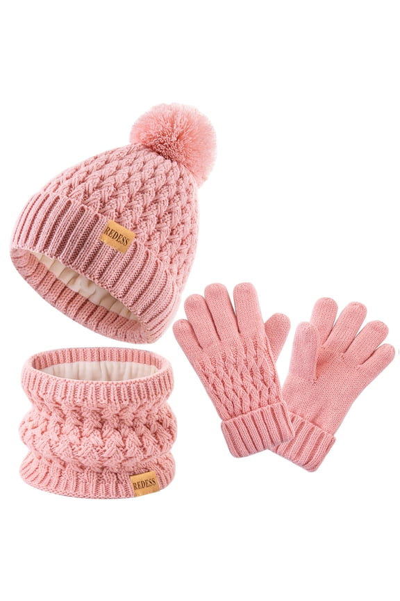 Unisex Kids Winter Beanie Hat, Gloves and Scarf Set, Acrylic, Pink, 3-9 Years