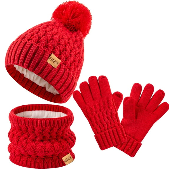 REDESS Unisex Kids Winter Beanie Hat, Gloves and Scarf Set, Acrylic, Red, 3-9 Years