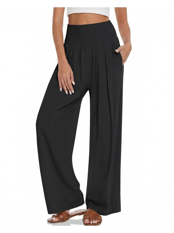 Womens Wide Leg Pants High Elastic Waist with Pockets Summer S-XXL
