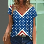 DODADAWANJ 4th of July Shirts for Women Casual Patriotic Red White and Blue Graphic Tshirts Cute Short Sleeve Tees Stylish V Neck Blouses Tops Going Out Tops for Women
