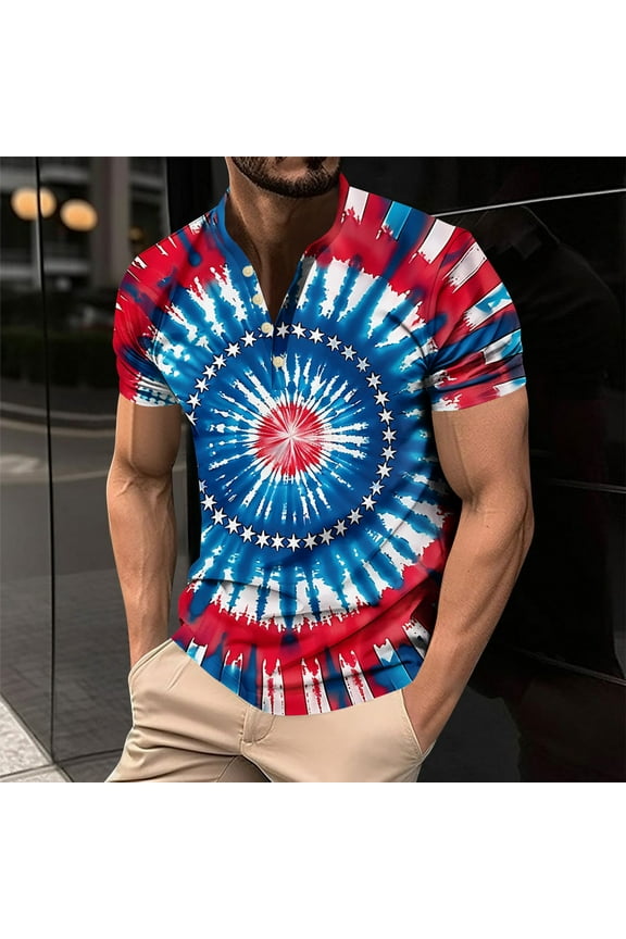 4th of July Mens Tshirt Funny Tie Dye Graphic T Shirts Big and Tall Henley Neck Shirts Independence Day Short Sleeve Tops XXL