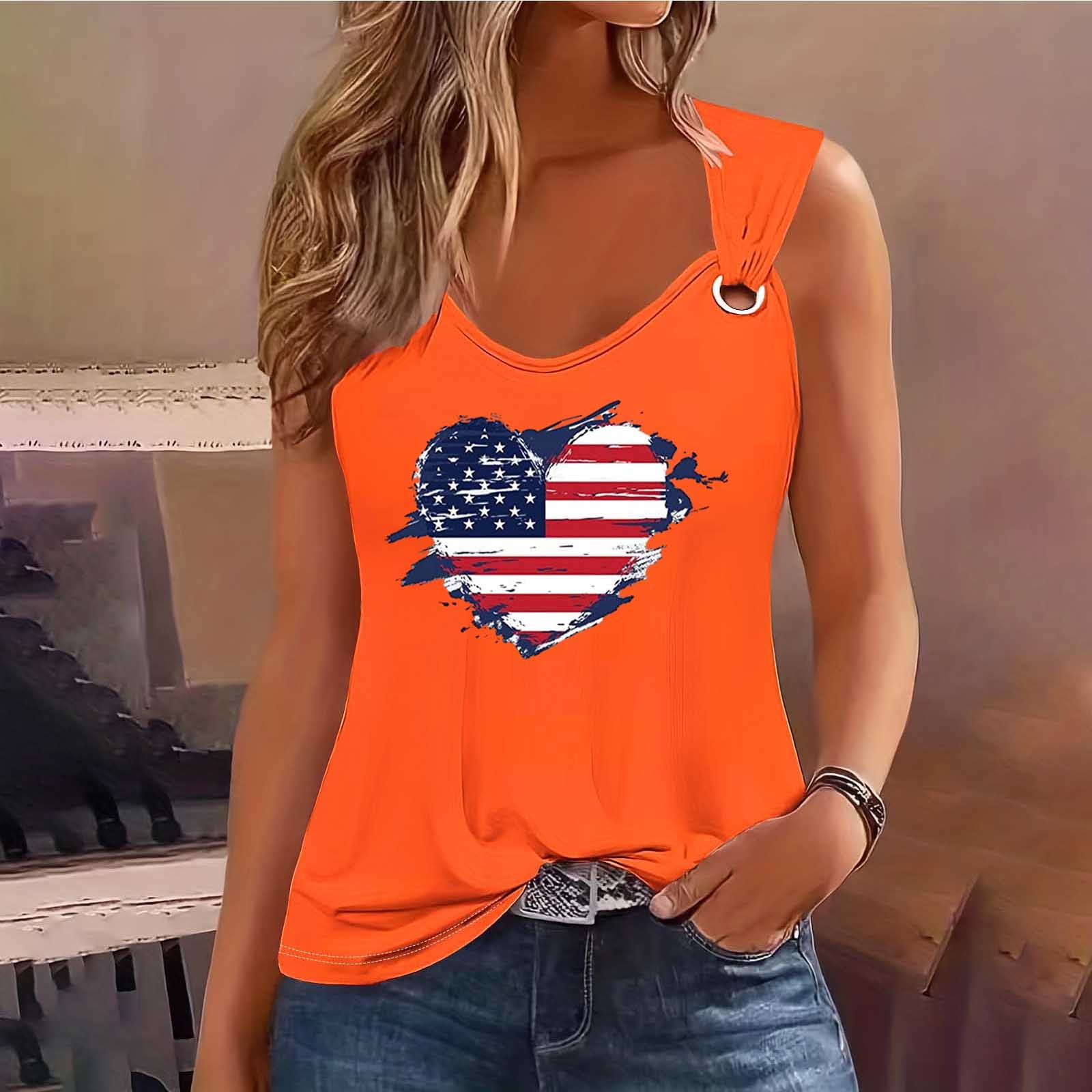 DODADAWANJ American Flag Heart Print Tank Tops for Women Summer Casual