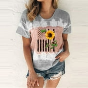 DODADAWANJ American Flag Print T-shirt for Women Summer Casual Round Neck Tshirt Short Sleeve Lightweight Tee Tops Classic-Fit Loose Tees Independence Day Tees