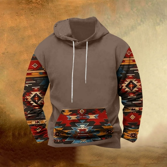 DODADAWANJ Aztec Hoodies for Men Color Block Drawstring Hoodie Big and Tall Hooded Sweatshirts for Christmas Gifts L