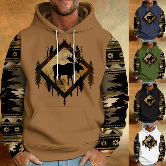 DODADAWANJ Aztec Hoodies for Men Elk Print Hooded Pullover Big and Tall Color Block Casual Sweatshirts for Camping Tracking L